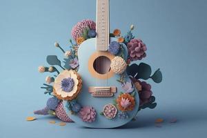 guitarra acústico instrumento com flores, música paixão conceito, pastel cores foto