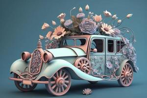 carro com flores em azul fundo , pastel cores, 3d render e ilustração foto