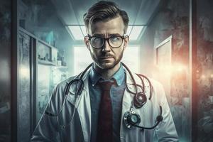 médico homem com estetoscópio dentro hospital foto