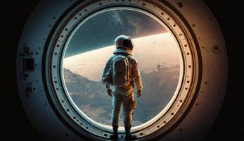 astronauta dentro uma traje espacial carrinhos dentro frente do nave espacial círculo janela. pós-produzido generativo ai digital ilustração. foto