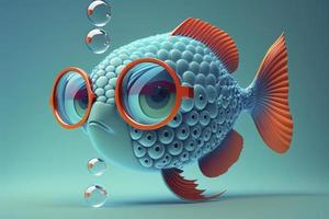 uma surreal colorida peixe com uma copos, 3d Renderização, surrealismo, em azul fundo foto