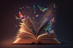 uma fantástico aberto livro, Onde colorida mágico criaturas estão vôo Fora do a Páginas e para dentro a ar. ai gerado foto