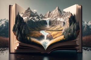 uma fantástico aberto livro, com uma lindo panorama cena espalhando Fora a partir de Está Páginas, completo com montanhas, florestas, e cachoeiras. ai gerado foto