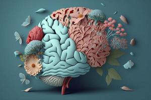 humano cérebro com flores, auto Cuidado e mental saúde conceito, positivo pensamento, criativo mente foto