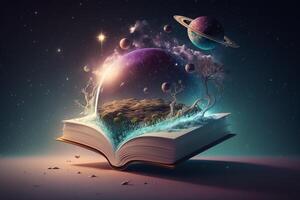 uma surreal cena do uma livro flutuando dentro espaço com uma em forma de cérebro planeta dentro a fundo, cercado de tiroteio estrelas e uma galáxia. ai gerado foto