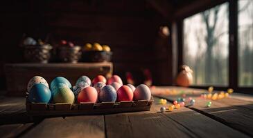 linha do colorida Páscoa ovos em de madeira mesa e bokeh fundo, Lugar, colocar para tipografia e logotipo. rústico de madeira mesa. Páscoa tema. generativo ai. foto