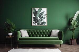 interior clássico vivendo, retro clássico estilo, com solto móveis, marrom sofá com uma verde parede e uma cenário quadro. generativo ai. foto