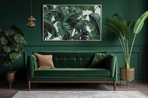 interior clássico vivendo, retro clássico estilo, com solto móveis, marrom sofá com uma verde parede e uma cenário quadro. generativo ai. foto