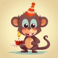 uma desenho animado personagem do macaco vestindo aniversário chapéu generativo ai foto