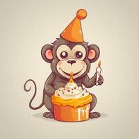 uma desenho animado personagem do macaco com uma aniversário bolo generativo ai foto