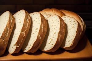 recentemente cozido pão em uma de madeira quadro, fechar-se. francês pão. generativo ai foto