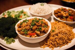 chinês comida, frito carne de porco dentro doce e azedo molho com arroz. frango macarrão sopa. generativo ai foto