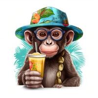 ilustração do macaco dentro oculos de sol e boné bebidas suco dentro verão temporada. generativo ai. foto