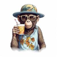 ilustração do macaco dentro oculos de sol e boné bebidas suco dentro verão temporada. generativo ai. foto