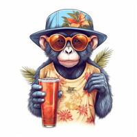 ilustração do macaco dentro oculos de sol e boné bebidas suco dentro verão temporada. generativo ai. foto