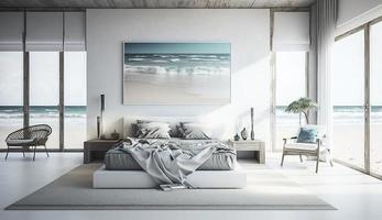 de praia quarto interior - moderno e luxo férias, 3d renderizar, gerar ai foto