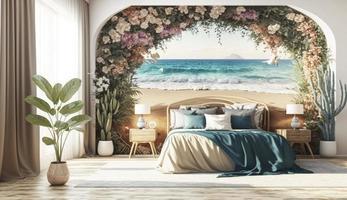 de praia quarto interior- moderno e luxo período de férias com cheio flor decoração 3d renderizar, gerar ai foto