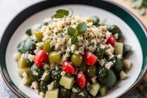 fresco salada com verde azeitonas, feta queijo e cereja tomates dentro uma tigela. saudável salada. generativo ai foto