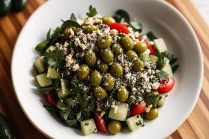 fresco salada com verde azeitonas, feta queijo e cereja tomates dentro uma tigela. saudável salada. generativo ai foto