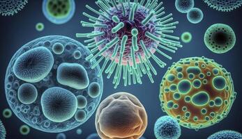 macro tiro do diferente tipos do micróbios. vírus células e bactérias em abstrato fundo. criada com generativo ai foto