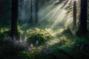 ai gerado enevoado floresta clareira com raios do luz solar filtrando através a árvores e iluminador uma tapete do samambaias e flores silvestres. foto