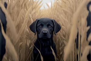 Preto cachorro sentado dentro uma campo do alta grama. generativo ai. foto