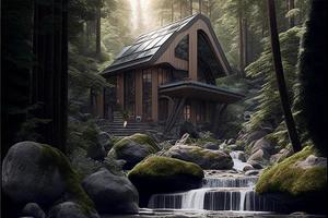 pequeno cabine dentro a meio do uma floresta foto