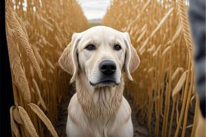 fechar acima do uma cachorro dentro uma campo do trigo. generativo ai. foto