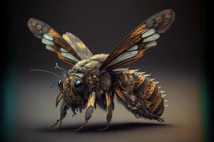 fechar acima do uma abelha em uma Sombrio fundo. generativo ai. foto