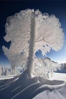 neve coberto árvore sentado em topo do uma neve coberto declive. generativo ai. foto