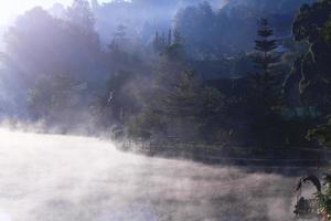 lindo panorama céu do névoa e névoa sobre a lago e nascer do sol brilhando com azul céu reflexão em a água superfície às Colina tribo Vila em montanha dentro Tailândia foto