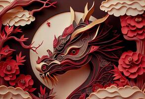 generativo ai ilustração do papel cortar arte, dobrando multi dimensional chinês estilo, zodíaco Dragão com lanternas e cereja flores dentro fundo, chinês Novo ano. foto