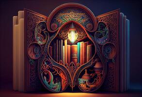 generativo ai ilustração do islâmico biblioteca livros, papel de parede, brilhante, atraente, amor para livros foto
