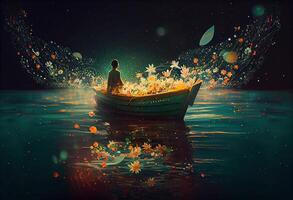 generativo ai ilustração do uma pessoa dentro uma barco é flutuando dentro a oceano com flores e estrelas, dentro a estilo do animes, encantador iluminação, festivo atmosfera foto