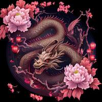 generativo ai ilustração do chinês Dragão, astral fundo, chinês zodíaco fundo, cereja florescer, flores, chinês Novo ano. foto