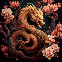 generativo ai ilustração do chinês Dragão, astral fundo, chinês zodíaco fundo, cereja florescer, flores, chinês Novo ano. foto