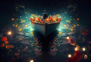 generativo ai ilustração do uma pessoa dentro uma barco é flutuando dentro a oceano com flores e estrelas, dentro a estilo do animes, encantador iluminação, festivo atmosfera foto