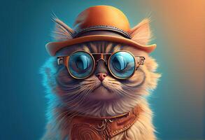 generativo ai ilustração do fechar-se retrato do engraçado gato vestindo oculos de sol e chapéu, isolado em pastel fundo. surreal fantasia, copyspace foto