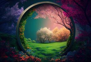 generativo ai ilustração do lindo encantado panorama. Magia Prado com Primavera florescendo árvores volta quadro, Armação com cópia de espaço dentro a meio . fantasia jardim fundo foto