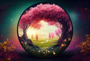 generativo ai ilustração do lindo encantado panorama. Magia Prado com Primavera florescendo árvores volta quadro, Armação com cópia de espaço dentro a meio . fantasia jardim fundo foto