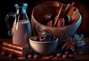 generativo ai ilustração do canela, Sombrio chocolate com leite e doce doce, cópia de espaço, seletivo foco foto