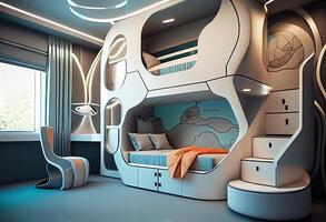 generativo ai ilustração do futurista interior projeto, Projeto uma quarto para dois crianças, com uma beliche cama. foto