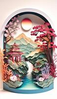 generativo ai ilustração do chinês natureza e panorama em sólido fundo, auspicioso nuvens, ravina fluxo, montanha faixa, muitos casas e antigo edifícios, multi dimensional papel dobrando foto