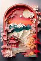 generativo ai ilustração do chinês natureza e panorama em sólido fundo, auspicioso nuvens, ravina fluxo, montanha faixa, muitos casas e antigo edifícios, multi dimensional papel dobrando foto