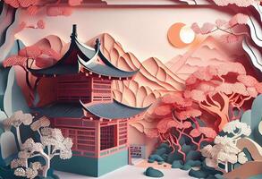 generativo ai ilustração do chinês natureza e panorama em sólido fundo, auspicioso nuvens, ravina fluxo, montanha faixa, muitos casas e antigo edifícios, multi dimensional papel dobrando foto