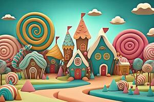 generativo ai ilustração do uma doce e mágico mundo com doce terra panorama e Pão de gengibre fantasia casa foto