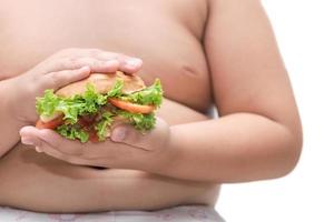 carne de porco Hamburger em obeso gordo Garoto mão fundo isolado foto