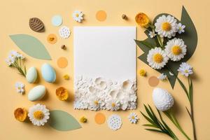 criativo Páscoa plano deitar Projeto com branco papel em branco e Primavera flores foto