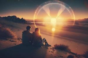 uma casal sentado em topo do uma arenoso de praia às pôr do sol, anamórfico lente flare foto