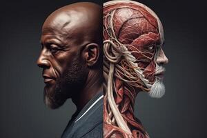 humano anatomia exibindo masculino músculos com nervos, isolado em Preto fundo, generativo ai. foto